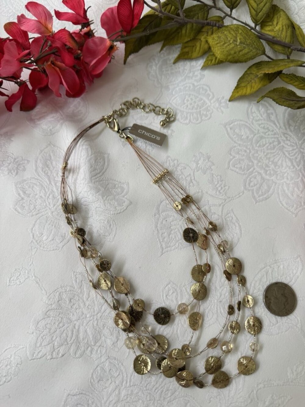 Chicos Gold Tone 16" 5 Layer Chain Seed Bead Beaded Charm Statement Necklace NEW - Picture 10 of 13